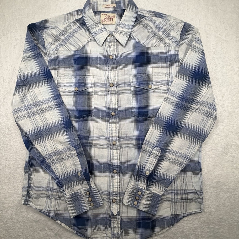Lucky Brand Shirt Mens Large Blue Plaid Flannel Long Sleeve Western Snap Front